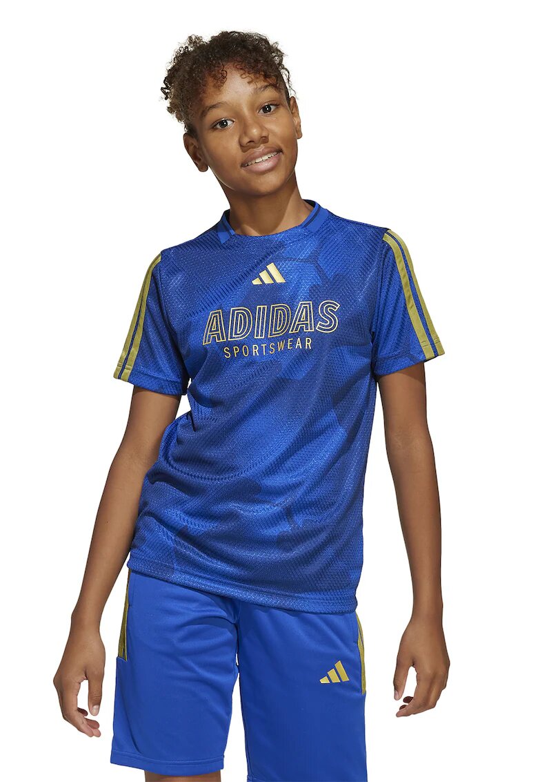 ADIDAS SPORTSWEAR Tricou cu decolteu la baza gatului si imprimeu logo - Auriu/Albastru royal