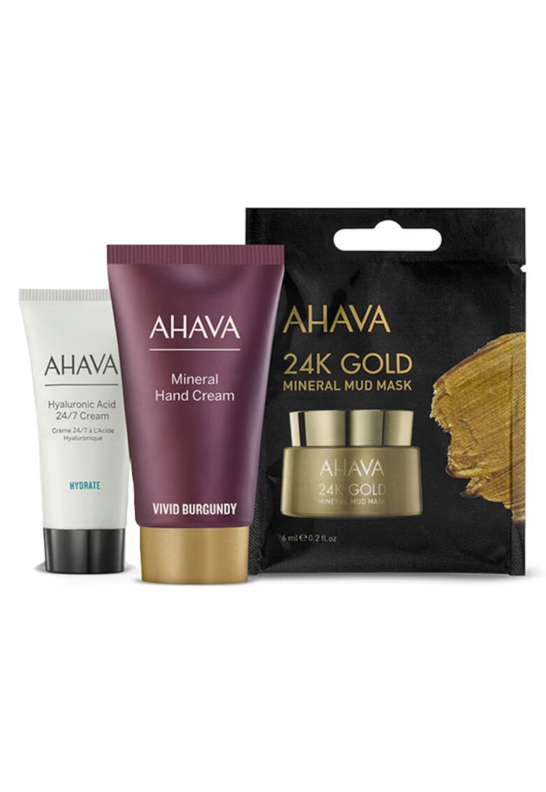 AHAVA Set : Crema maini Mineral Vivid Burgundy - 40 ml + Crema de fata hidratanta Hyaluronic Acid 24/7 - 20 ml + Masca de fata 24 k Gold - 6 ml