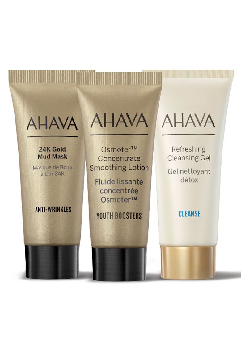 AHAVA Set : Masca Minerala Mineral Mud 24K aur - 15 ml + Gel de curatare ten Refreshing - 15 ml + Lotiune pentru ten cu efect de netezire Osmoter - 15 ml