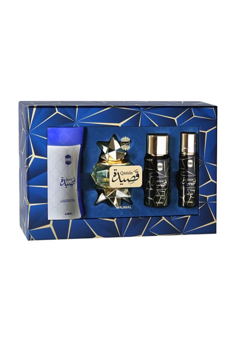 Ajmal Set Apa de parfum Qasida Femei - 60 ml + Pudra de corp 80 g + Hair Mist - 30 ml + Body Mist - 50 ml