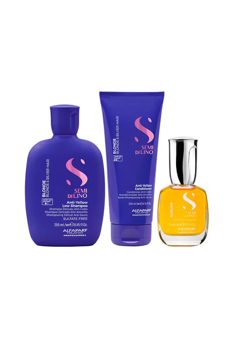 Alfaparf Milano Pachet Alfaparf Semi di Lino Blonde pentru neutralizarea tonurilor de galben - Sampon 250 ml + Balsam 200ml + Ulei Cristalli Liquidi 15 ml
