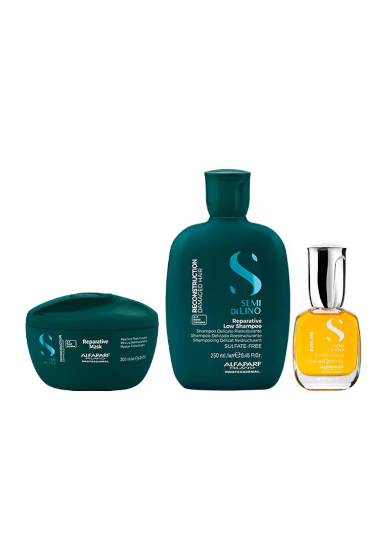 Alfaparf Milano Pachet Alfaparf Semi di Lino Reconstruction cu Sampon 250 ml + Masca 200 ml + Ulei Cristalli Liquidi 15 ml