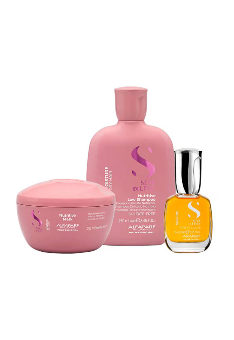 Alfaparf Milano Set Alfaparf Semi Di Lino Moisture Nutritive cu 250 ml Sampon + 200 ml Masca + Ulei Cristalli Liquidi 15 ml