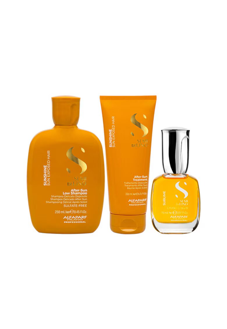 Alfaparf Milano Set ingrijire par Alfaparf Semi di Lino Semi di Lino Sunshine - Sampon 250 ml + Balsam 200 ml + Ulei iluminator Cristalli Liquidi 15 ml
