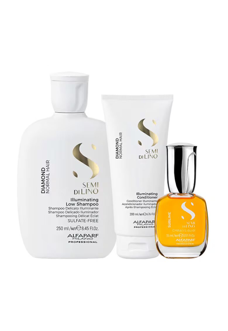 Alfaparf Milano Set pentru stralucire Alfaparf Semi Di Lino Diamond Iluminating cu Sampon - 250 ml + Balsam - 200 ml + Ulei Cristalli Liquidi - 15 ml