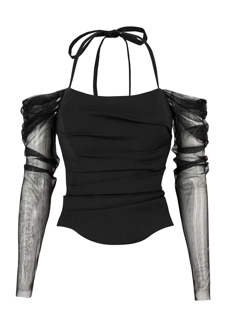 Alina Cernatescu Corset din lana cu drapaj si maneci lungi din tulle de matase Stark