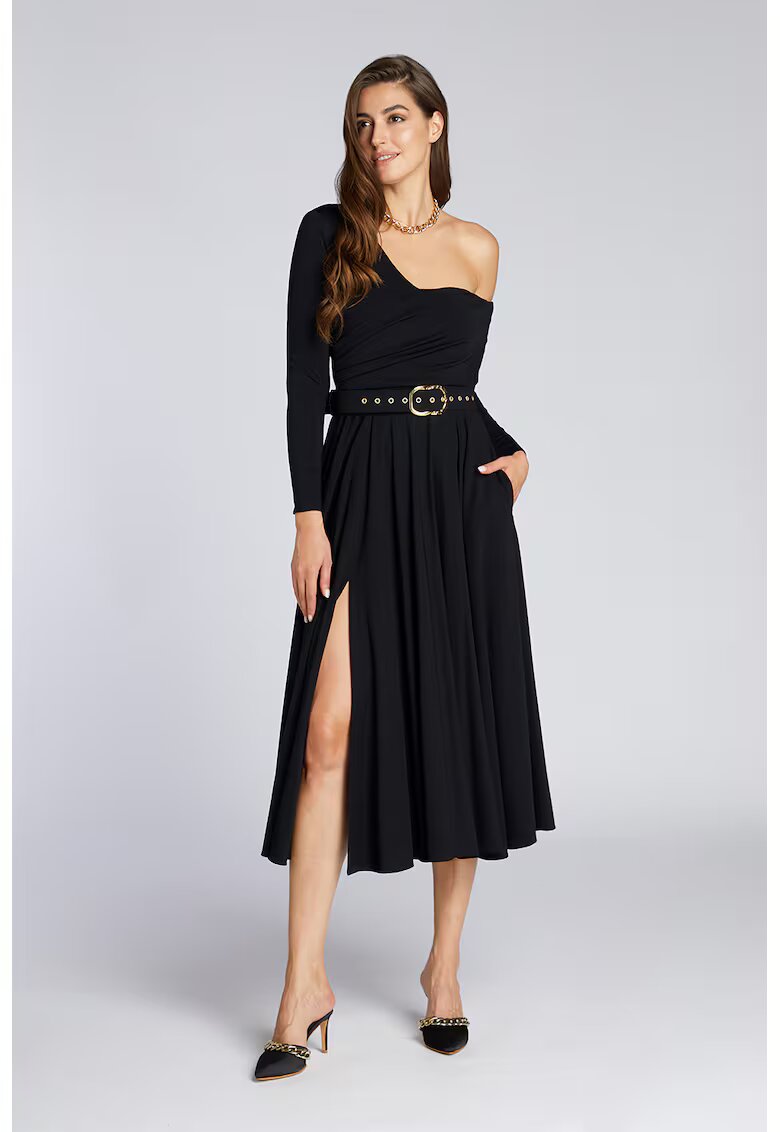 Alina Cernatescu Rochie cu decolteu pe un umar si slit lateral - Onyx Black