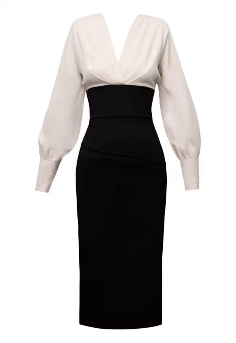 Alina Cernatescu Rochie midi cu drapaje pe bust Lunaria - Negru/Bej deschis