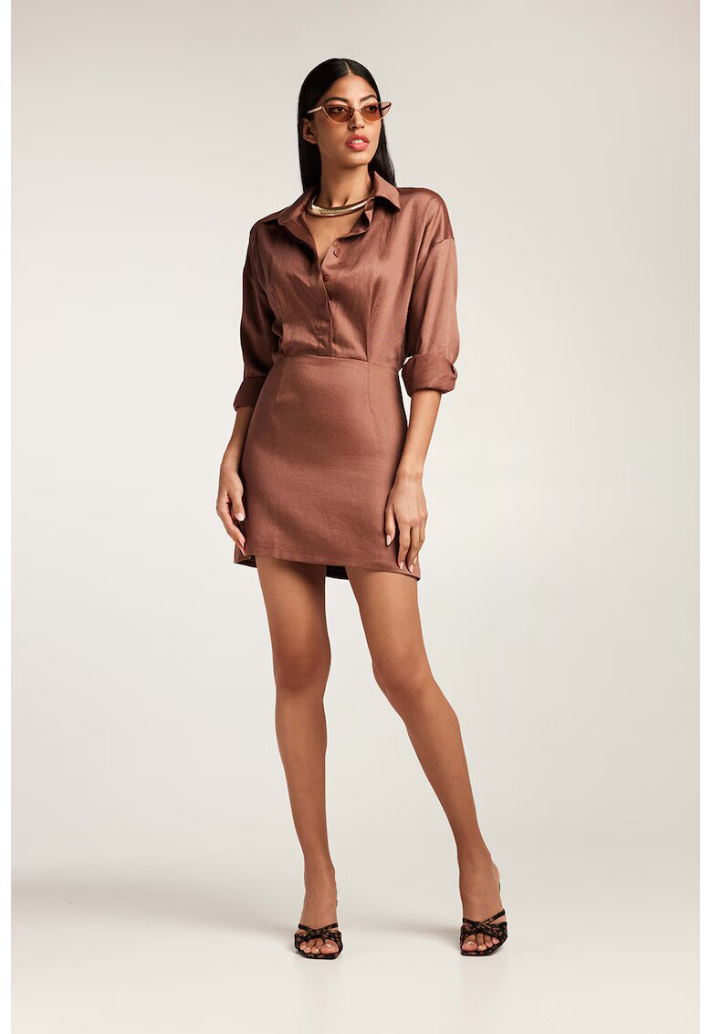 Alina Cernatescu Rochie scurta din amestec de in - Maro cognac