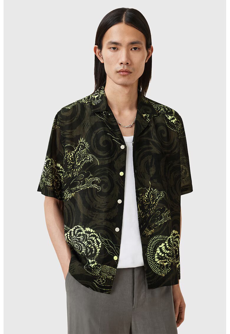 AllSaints Camasa din amestec de in cu model chinezesc traditional Sidewinder - Negru/Verde padure