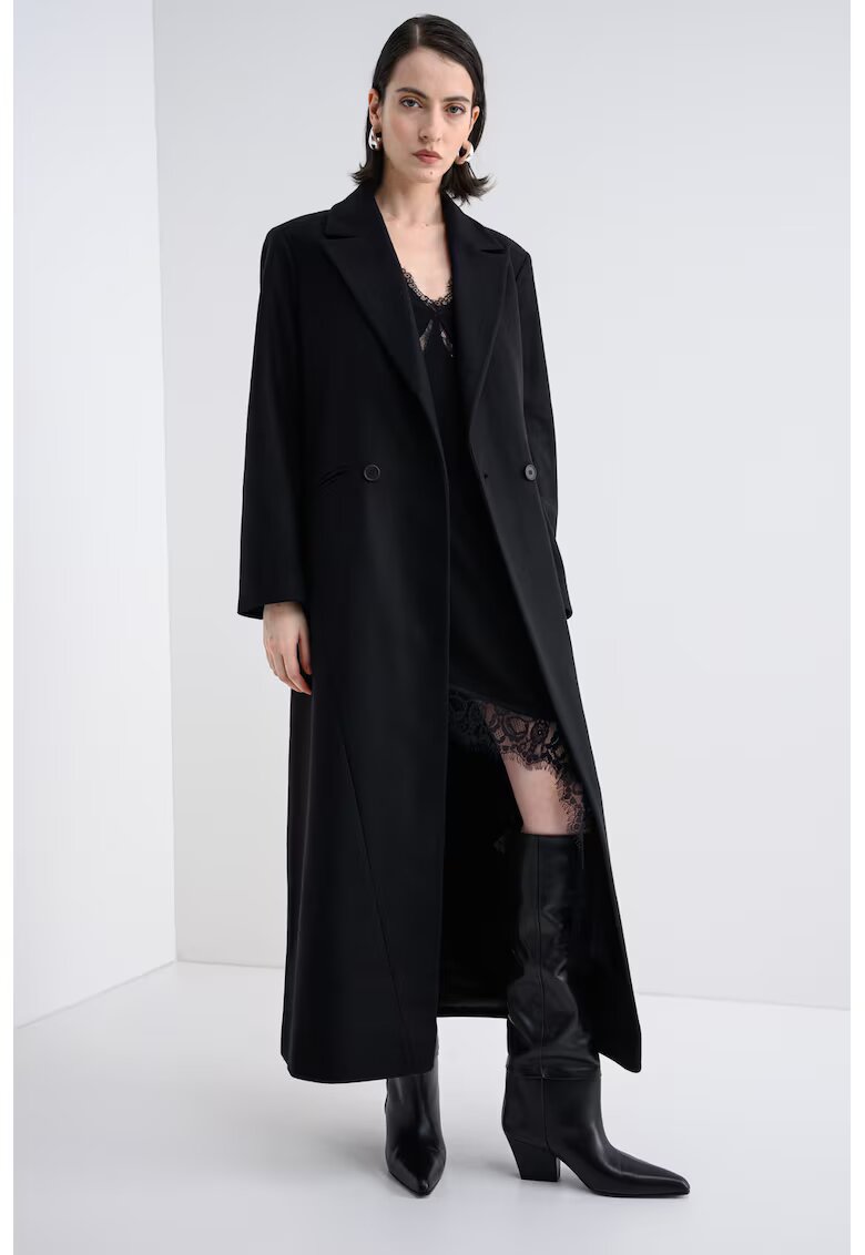 AllSaints Palton lung din amestec de lana cu logo brodat pe partea din spate - Negru