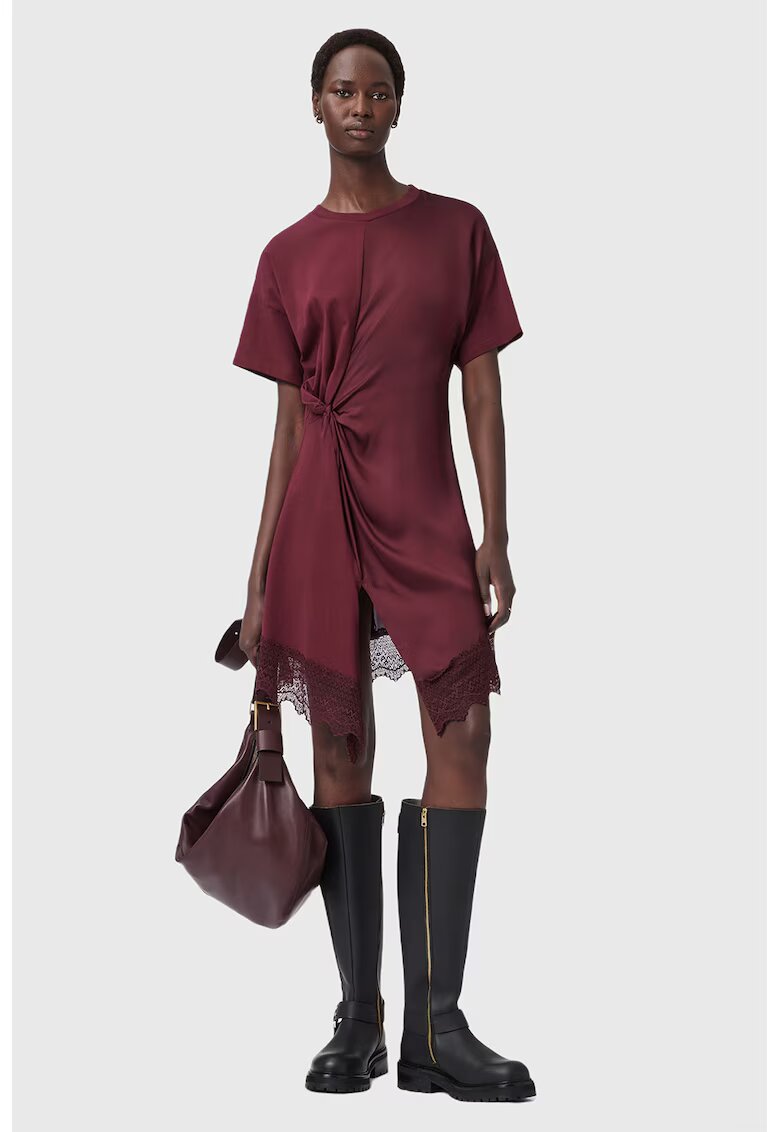 AllSaints Rochie asimetrica cu detaliu rasucit si dantela Lana - Visiniu