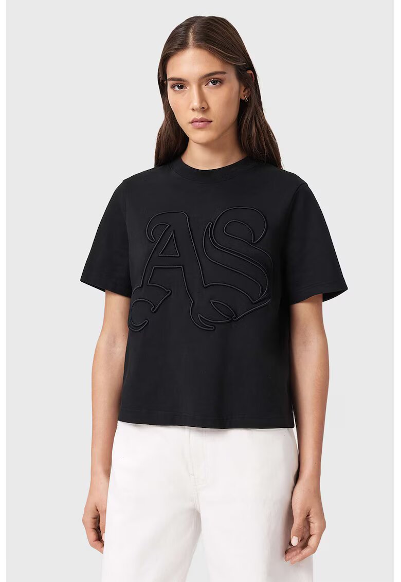 AllSaints Tricou cu decolteu la baza gatului si logo brodat - Negru