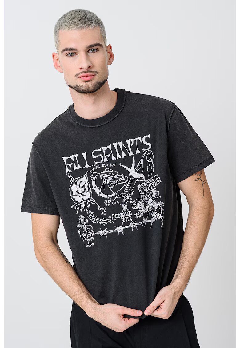 AllSaints Tricou din bumbac organic cu imprimeu grafic - Alb murdar/Gri antracit