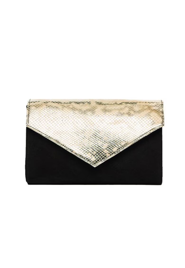 ANNA FELLINI Geanta dama piele - Plic one mic - velur negru cu sarpe bej auriu - 22x5x15 cm