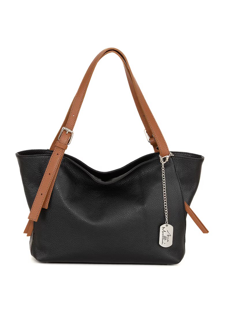 Anna Morellini Geanta shopper din piele cu aspect granulat - Negru/Maro scortisoara