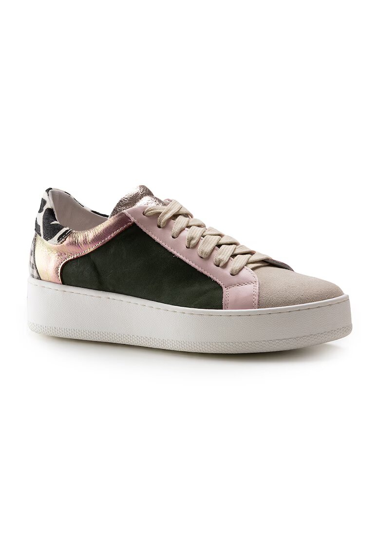 Anna Morellini Pantofi sport din piele lacuita - Verde padure/Maro taupe/Roz