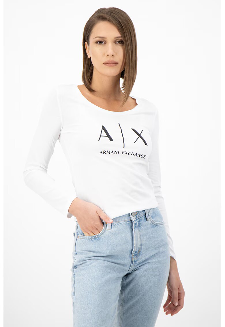 Armani Exchange Bluza slim fit cu imprimeu logo - Alb