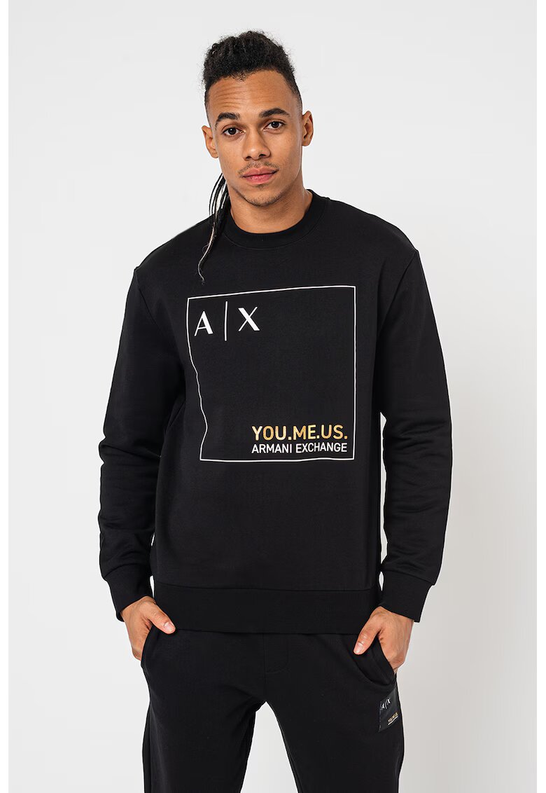 Armani Exchange Bluza sport din bumbac cu decolteu la baza gatului si imprimeu logo - Negru -