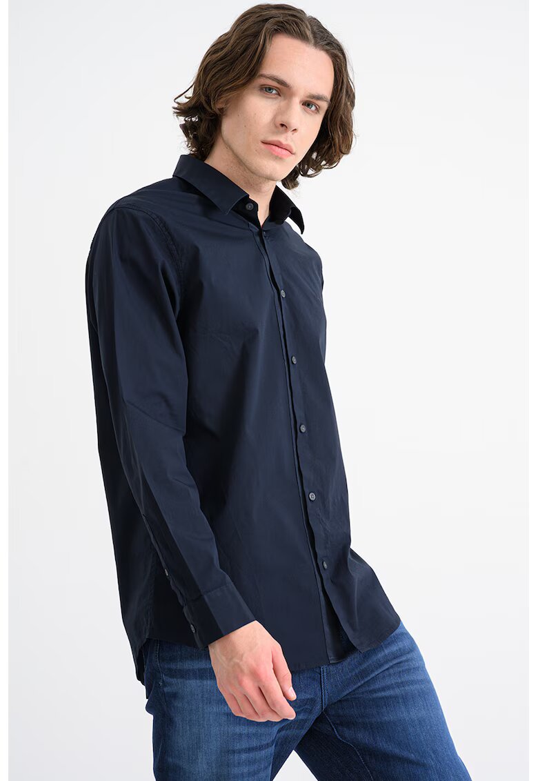 Armani Exchange Camasa din amestec de bumbac cu guler clasic - Albastru ultramarin