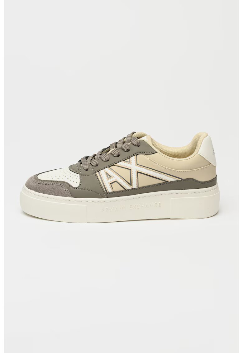 Armani Exchange Pantofi sport de piele ecologica cu garnituri de piele intoarsa - Alb/Maro taupe/Maro nisip