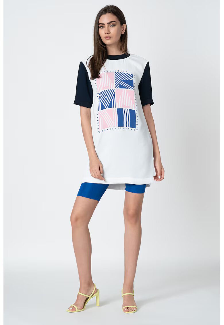 Armani Exchange Rochie tip tricou cu imprimeu logo contrastant - Alb/Roz/Bleumarin