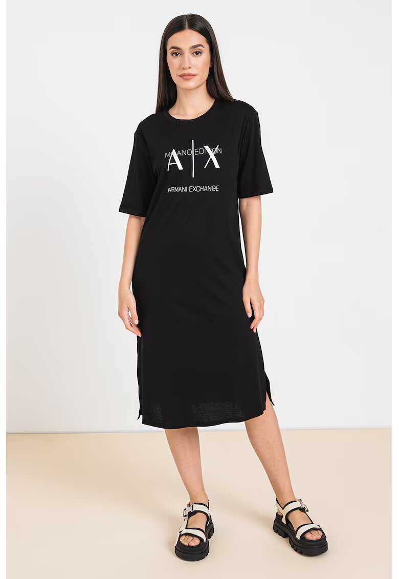 Armani Exchange Rochie-tricou cu imprimeu logo si slituri laterale - Negru