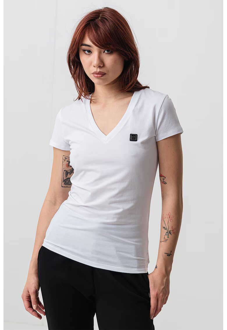 Armani Exchange Tricou cambrat cu decolteu in V - Alb optic
