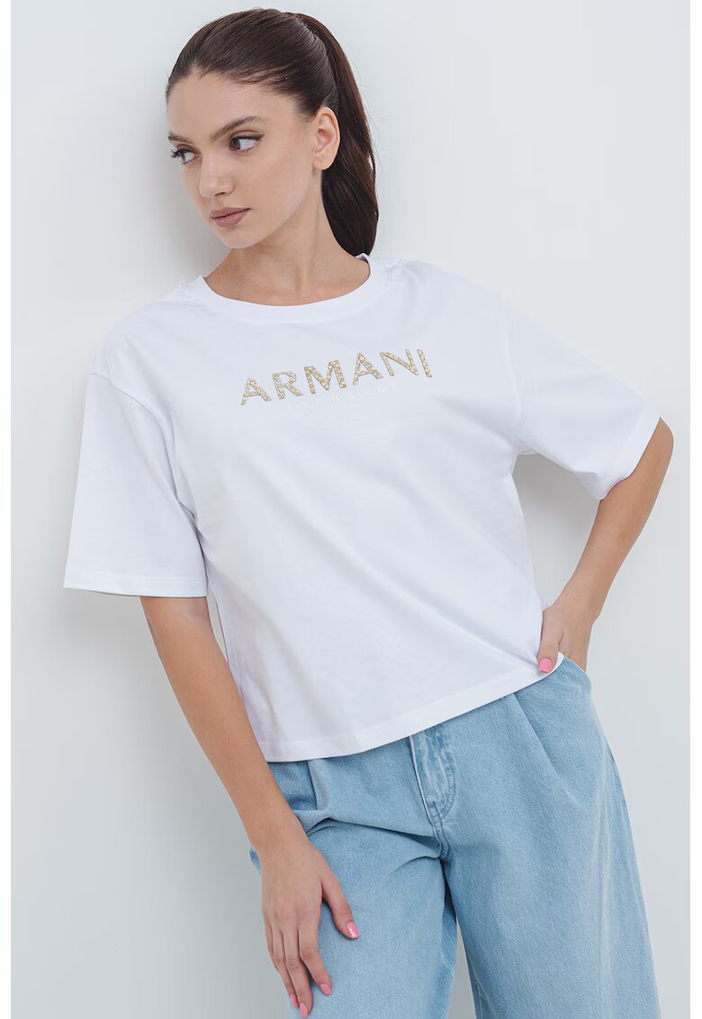 Armani Exchange Tricou crop cu maneci cazute - Alb/Auriu
