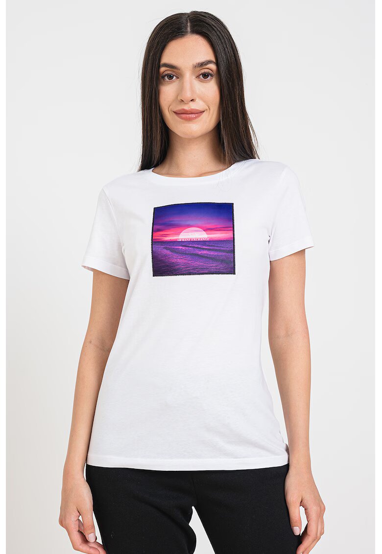 Armani Exchange Tricou cu decolteu la baza gatului si imprimeu foto - Alb optic