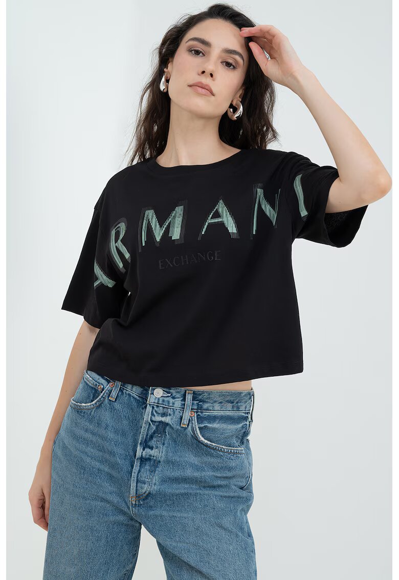 Armani Exchange Tricou cu imprimeu logo supradimensionat - Verde/Negru