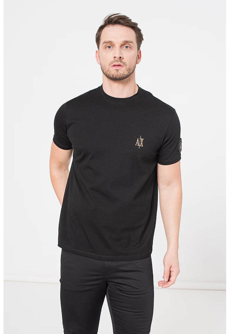 Armani Exchange Tricou de bumbac cu decolteul la baza gatului si detalii logo - Negru