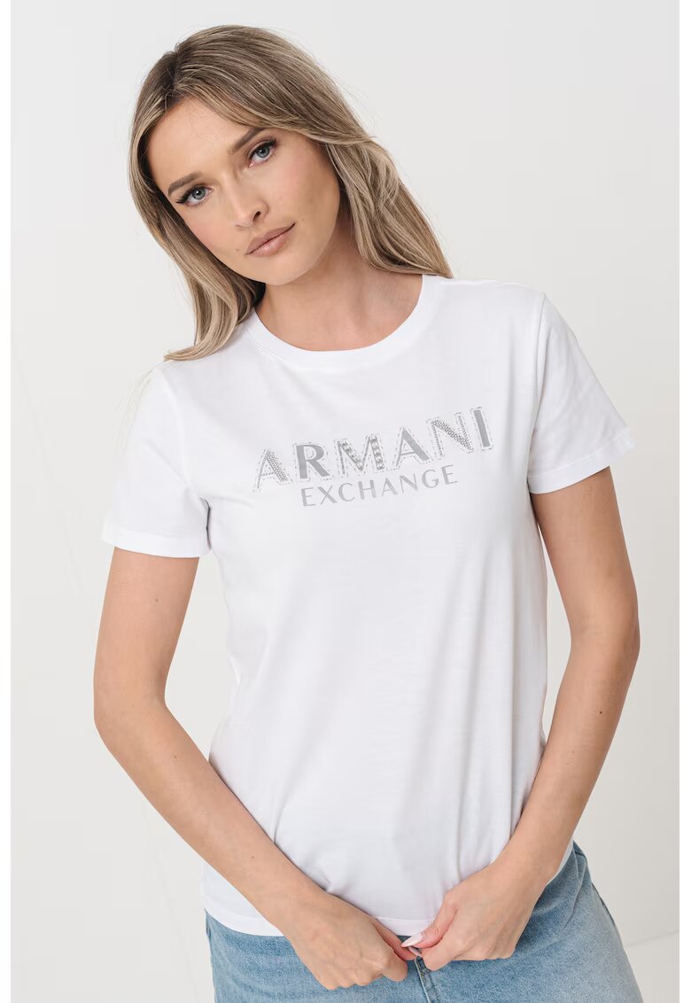 Armani Exchange Tricou de bumbac cu imprimeu logo - Alb/Argintiu