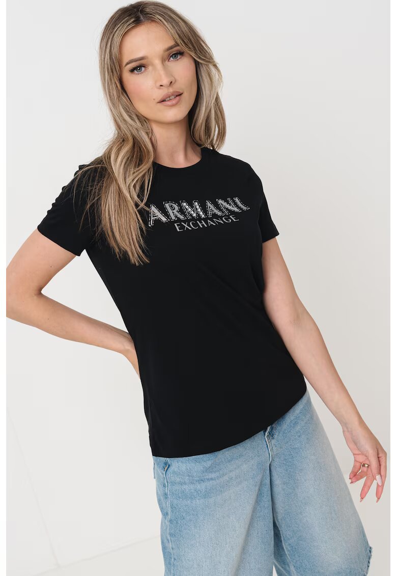 Armani Exchange Tricou de bumbac cu imprimeu logo - Negru/Argintiu