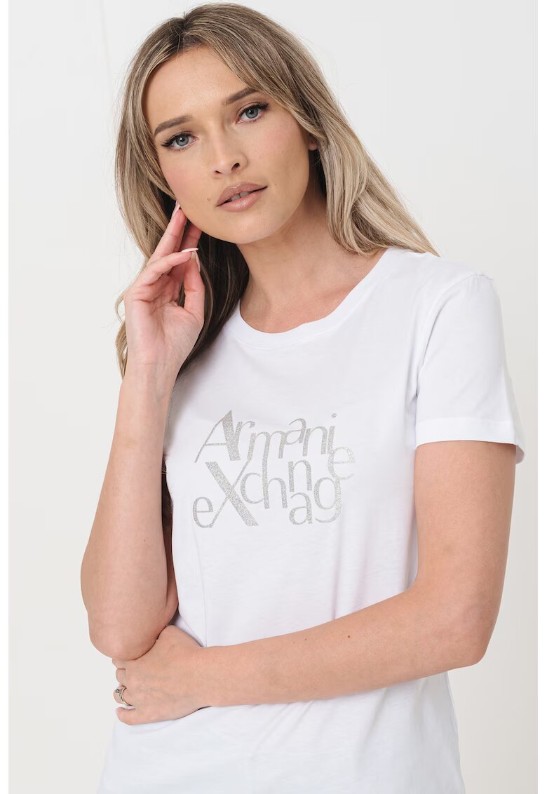 Armani Exchange Tricou de bumbac cu logo - Alb/Argintiu