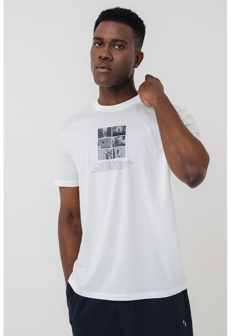 Armani Exchange Tricou din bumbac cu imprimeu logo si foto - Alb murdar/Gri antracit