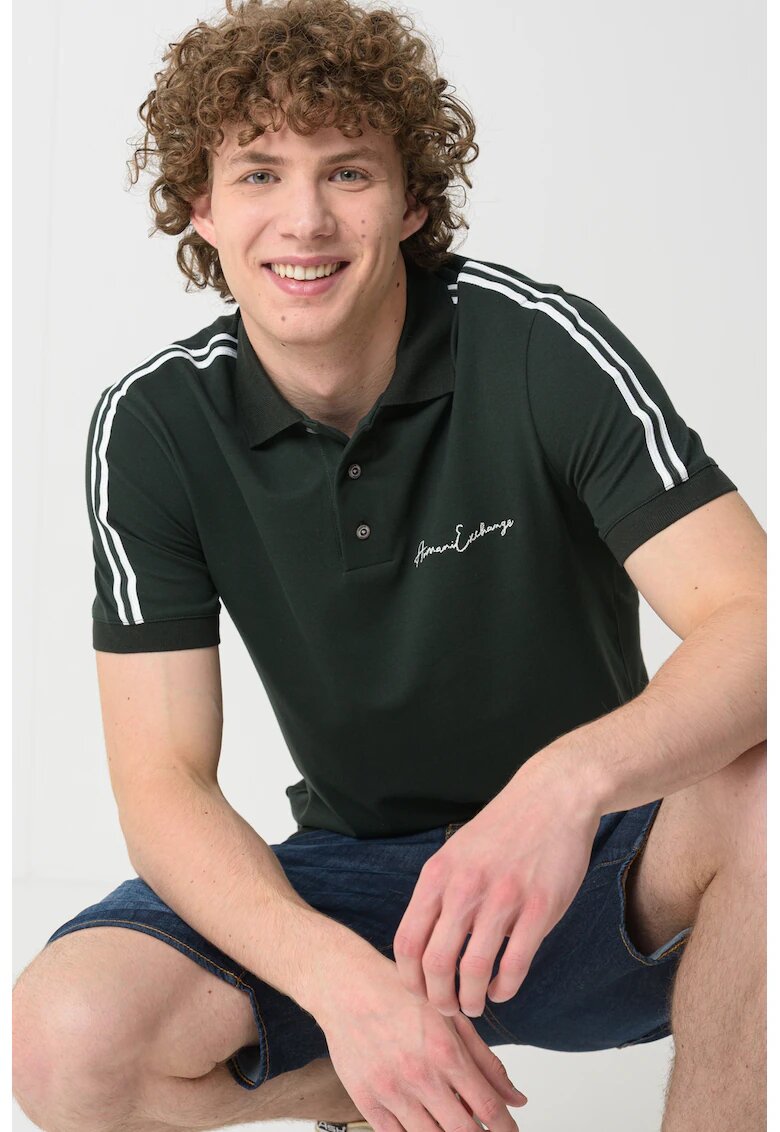 Armani Exchange Tricou polo cu dungi contrastante - Alb/Verde inchis