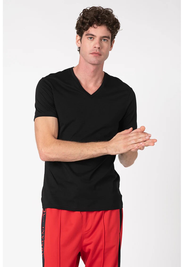 Armani Exchange Tricou slim fit cu decolteu in V - Negru