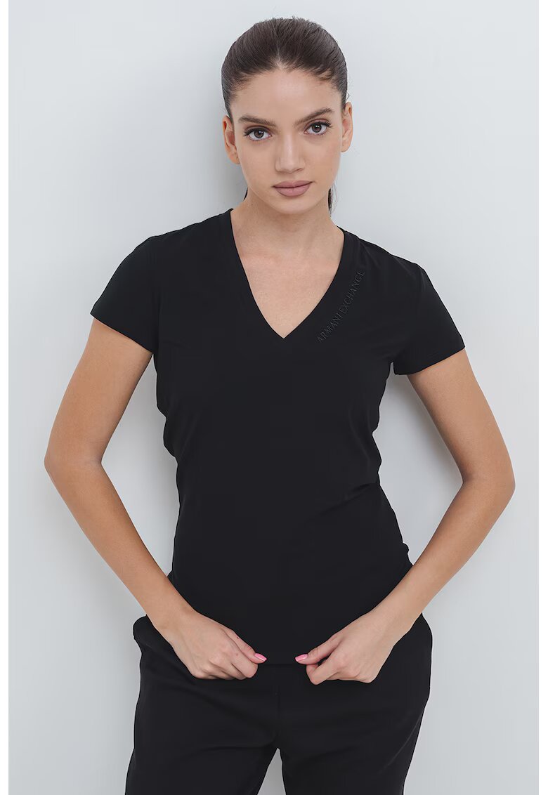 Armani Exchange Tricou slim-fit cu decolteu in V - Negru