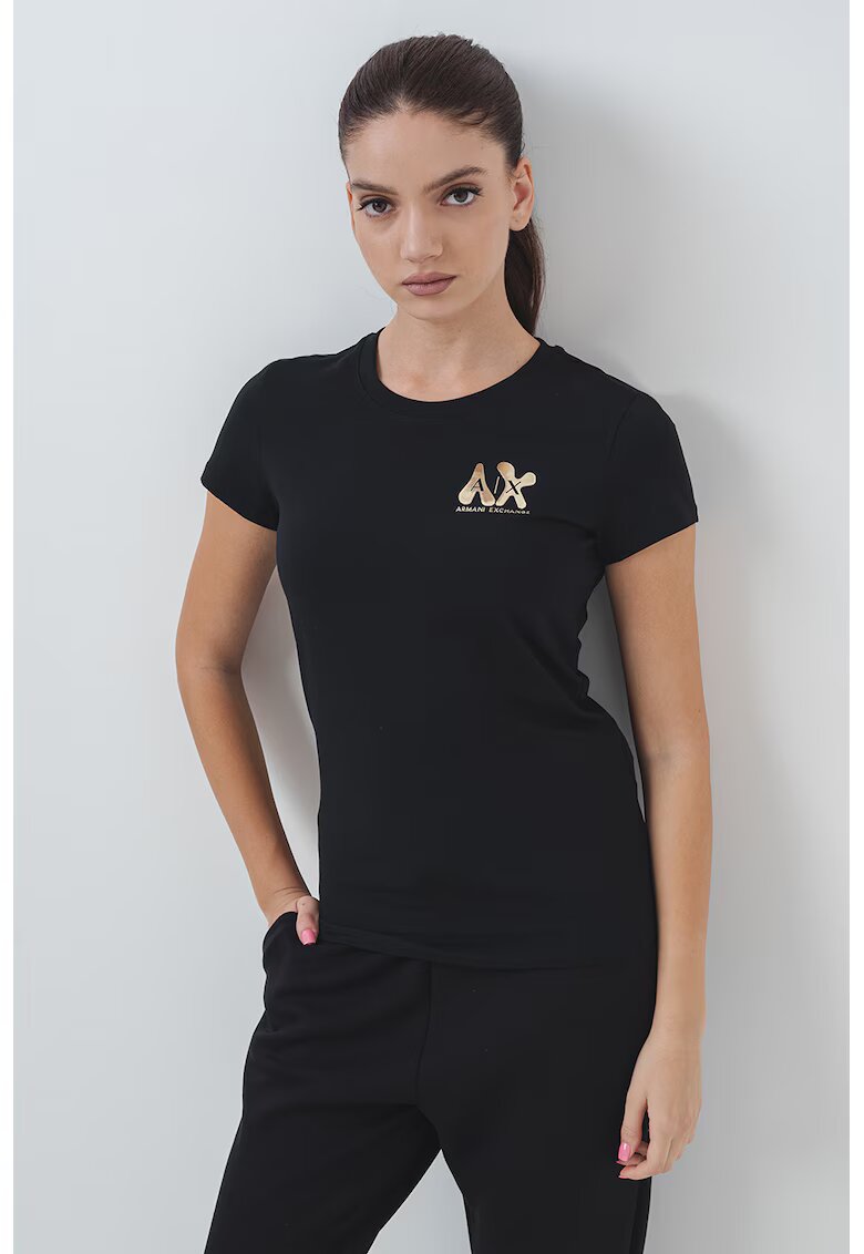 Armani Exchange Tricou slim-fit cu imprimeu logo stralucitor - Auriu/Negru