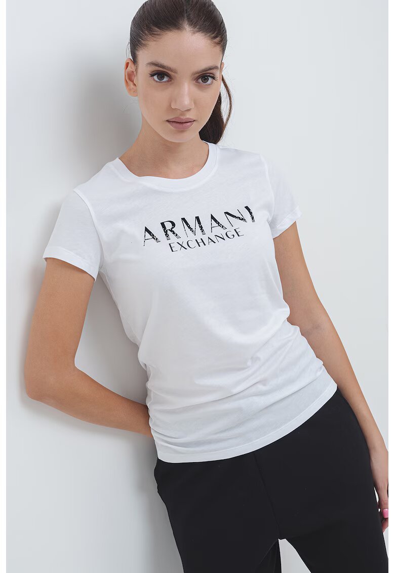 Armani Exchange Tricou slim-fit cu imprimeu pe piept - Alb/Negru