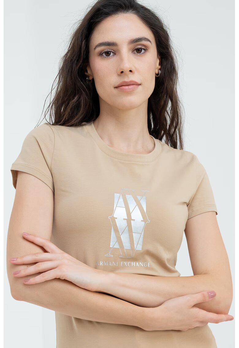 Armani Exchange Tricou slim fit cu logo - Maro camel