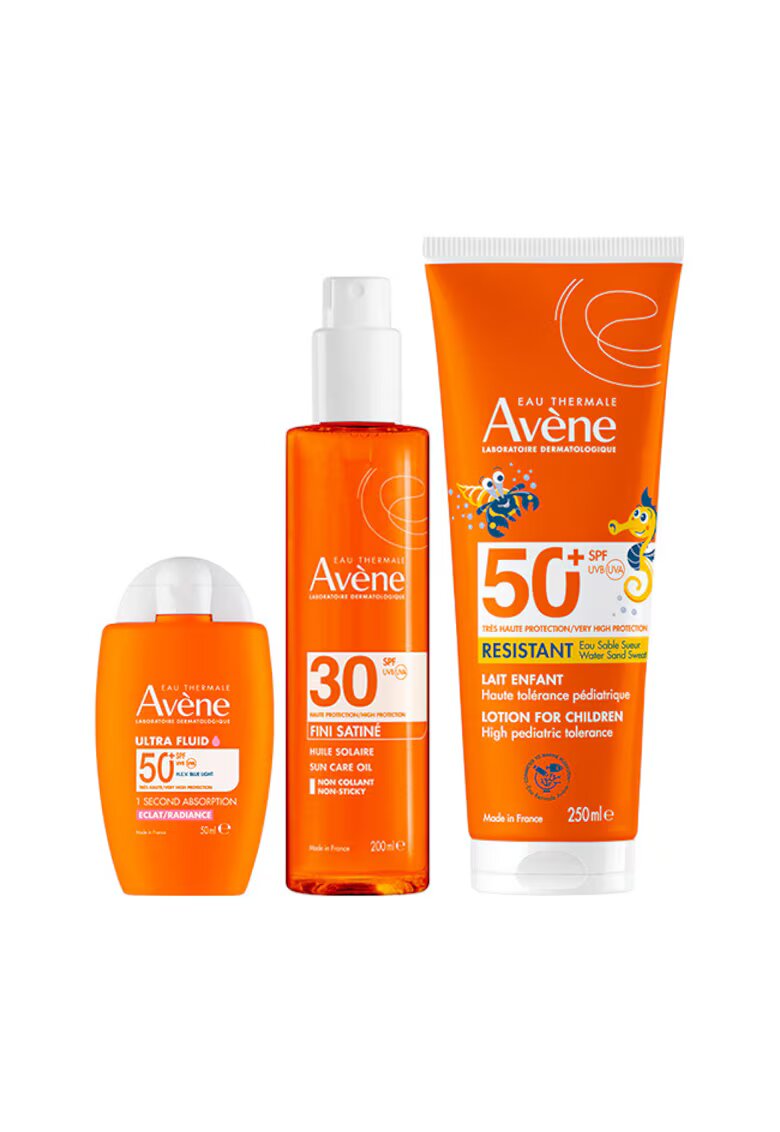 Avene Pachet Avène – Fluid protectie solara fata Ultra Radiance SPF 50+ - 50 ml + Ulei satinat protectie solara SPF 30 - 200 ml + Lotiune protectie solara copii SPF 50+ - 250 ml