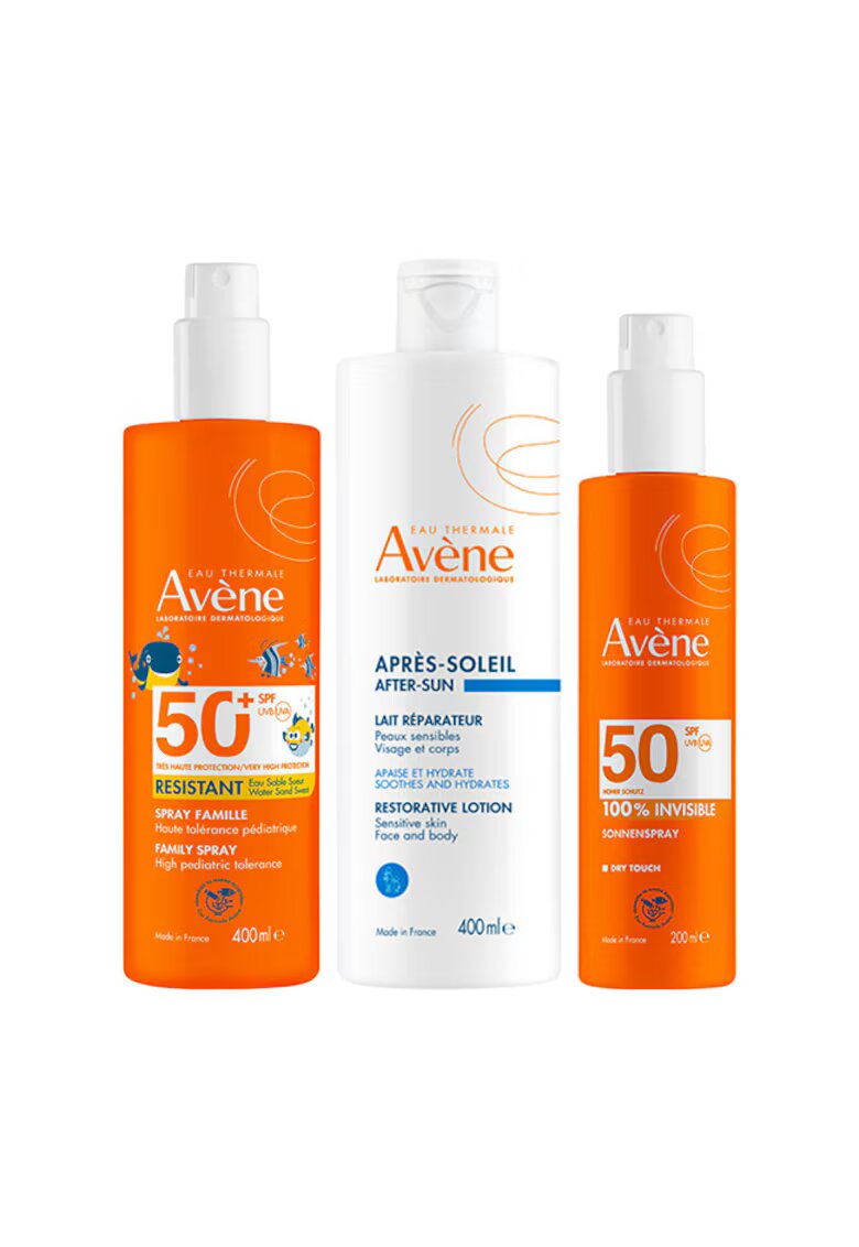 Avene Pachet Avène – Spray protectie solara SPF 50+ 400 ml + Spray protectie solara 100% invizibil SPF 50 200 ml + Lotiune after sun - 400 ml