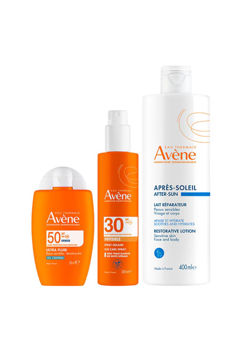 Avene Pachet – Fluid protectie solara fata SPF 50+ 50 ml + Spray invizibil SPF 30 - 200 ml + Lotiune dupa plaja - 400 ml