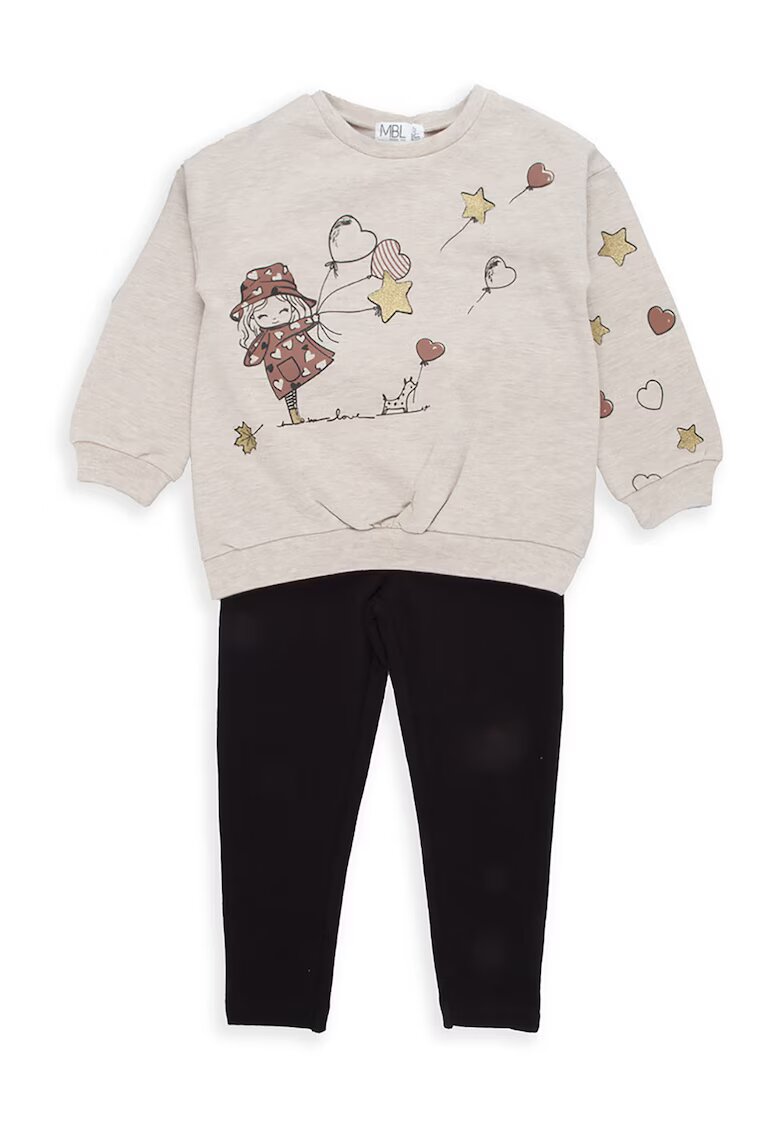 Babybol Set de pantaloni si bluza de trening cu imprimeu - 2 piese - Negru/Maro nisip