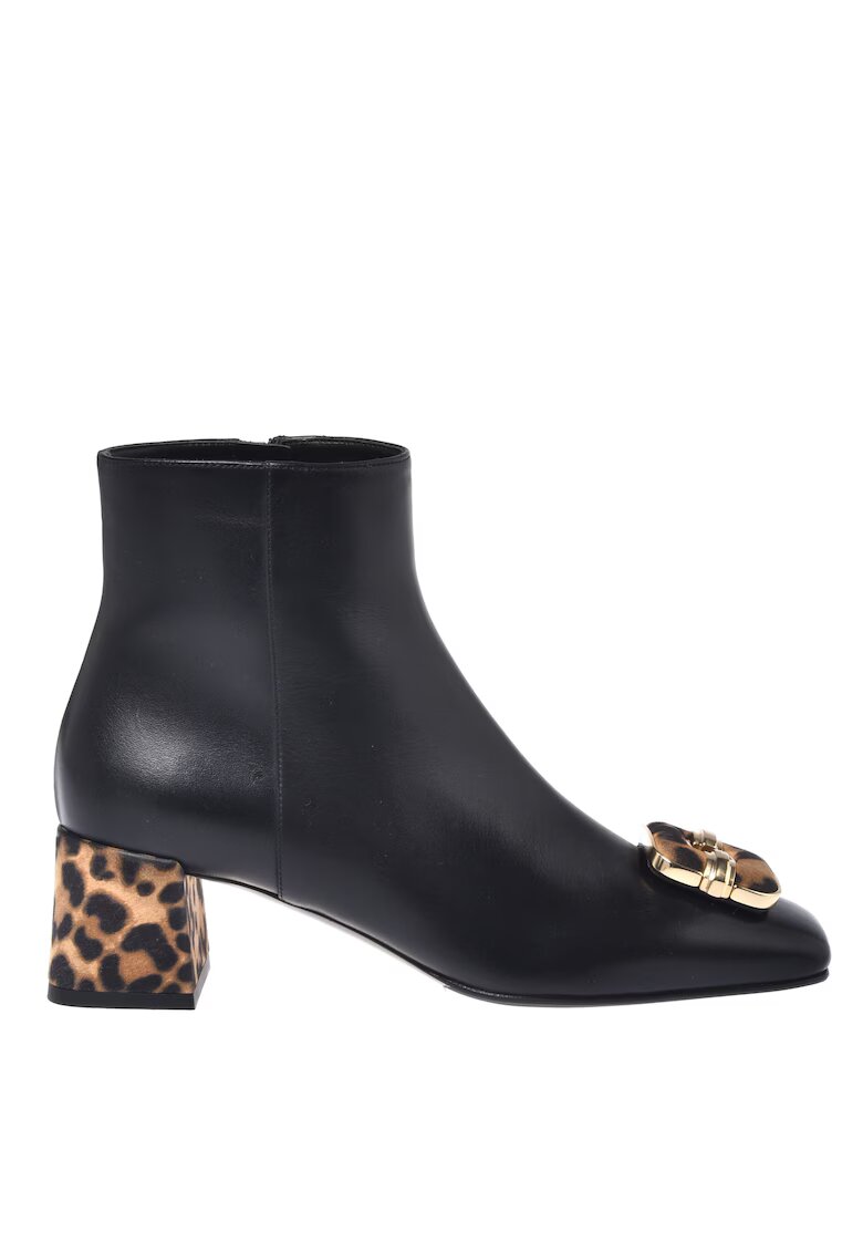 Baldinini Botine din piele cu toc si detalii cu animal print - Negru/Maro