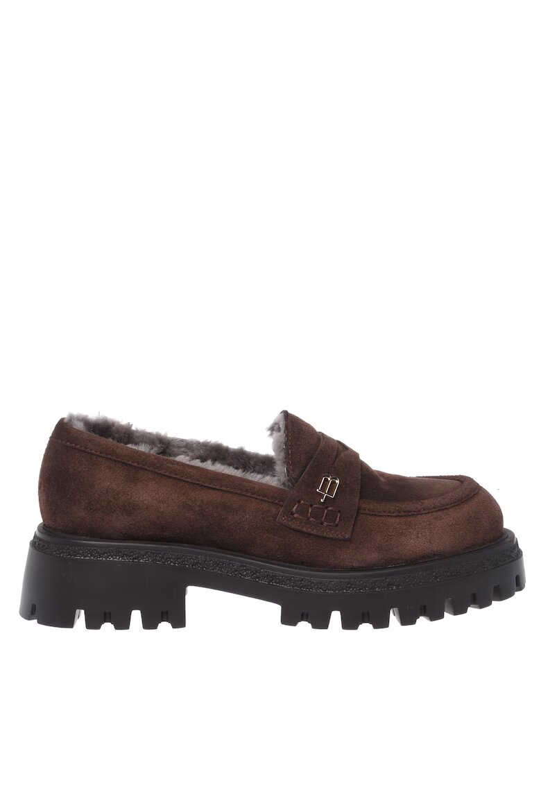 Baldinini Pantofi loafer de piele intoarsa cu captuseala de blana - Maro inchis