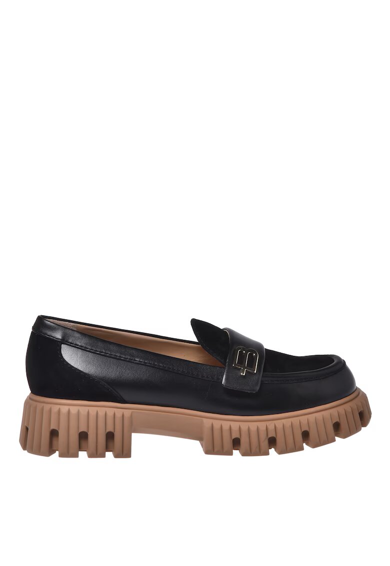 Baldinini Pantofi loafer din piele cu talpa demi-wedge si detaliu cu logo metalic - Negru