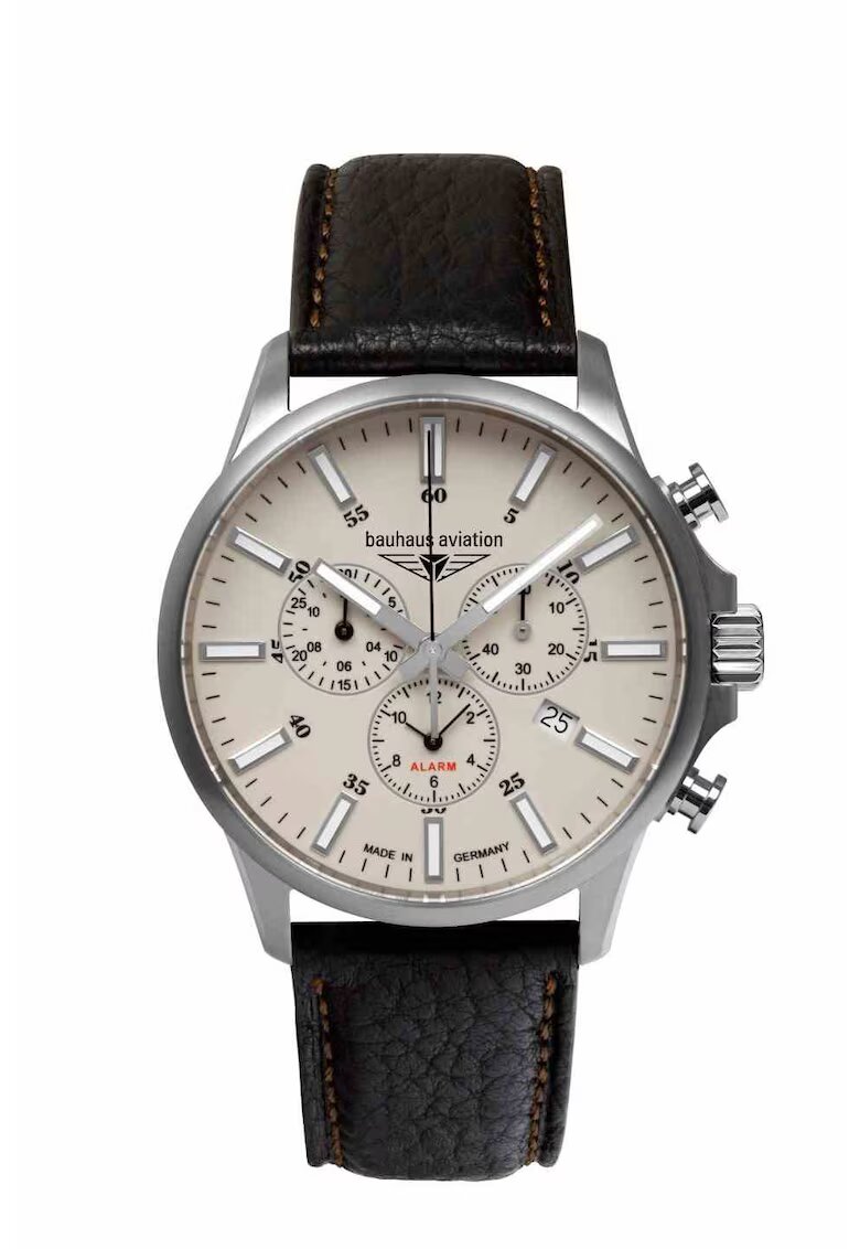 BAUHAUS Ceas barbati - Aviation - 28805 - Titan/Piele naturala - Cronograf - Quartz - 42 mm - Argintiu/Negru